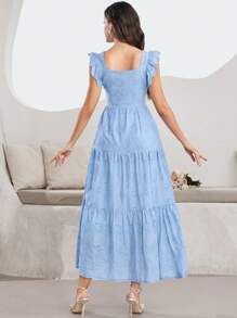 Modelyn 方领无袖荷叶边珍珠纽扣刺绣蓝色连衣裙 - 藍色 - 查看 4