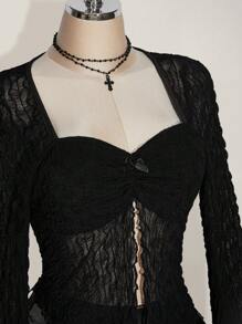 SHEIN ICON Plus Size Knitted Jacquard Flared Sleeve Pleated Square Neck Sexy T-Shirt, Knit Top, Suitable For Summer, Y2K Style