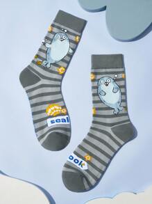 SEALOOK X SHEIN 3 Pasang Kaos Kaki Wanita Motif Kartun Lucu, Lembut, Menyerap Keringat, dan Bernapas, Ujung dan Tumit Diperkuat, Desain Unisex untuk Semua Musim dengan Motif Garis-garis, Lautan, dan Anjing Laut - MultiWarna - View 9