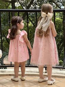 SHEIN Cute Pink Floral Embroidered Mesh Midi Dress For Young Girls With Round Neck And Sleeveless Design - Multicolor - View 2