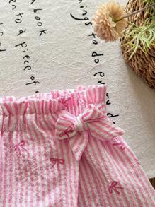 Young Girl Bowknot Pink Striped Asymmetric Hem Skorts - Pink - View 3