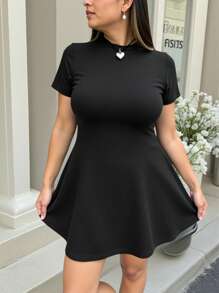 Muchica Plus Size Black Short Sleeve Round Neck A-Line Short Dress, Spring/Summer - Black - View 7