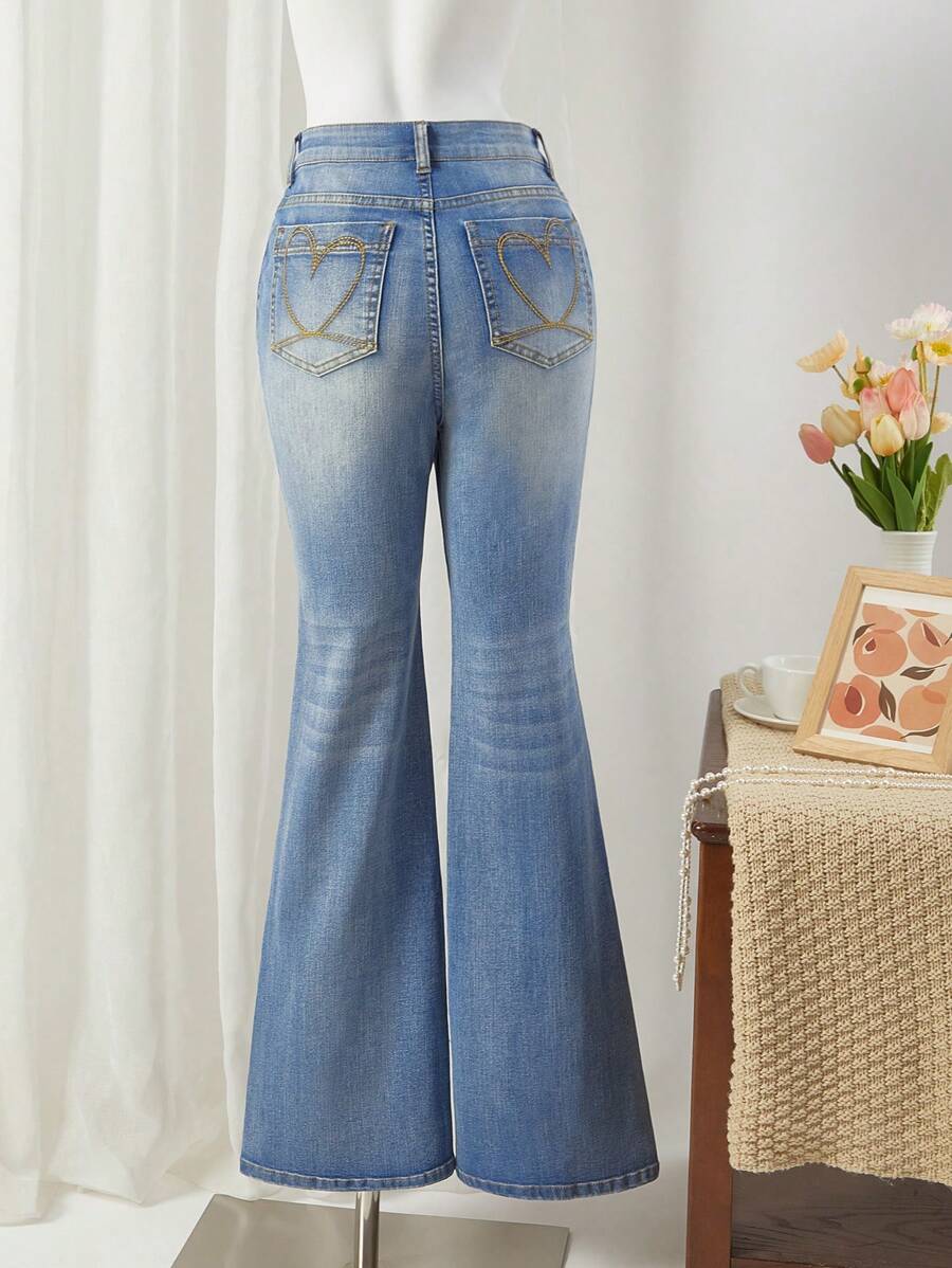 Comfortcana سراويل جينز نسائية جينز مضغوط بأرجل جرس سلسلة - أزرق متوسط - مشاهدة 1