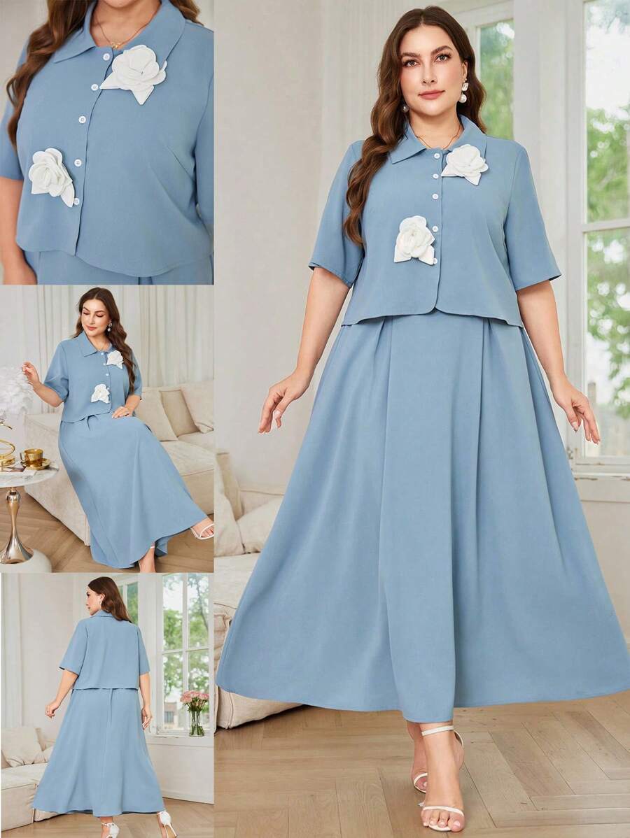 Modelyn 2pcs/Set Women Plus Size Solid Color Minimalist Skirt & Top