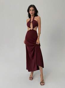 Aloruh Sexy Lace-Up Halter Hollow Metal Ring Backless Dress For Women, Going Out - Red Violet - View 5