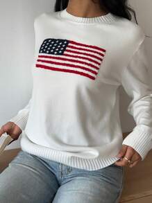 SHEIN EZwear 图案圆领长袖休闲套头衫 - 白色 - 查看 3