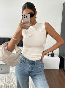 SHEIN Frenchy Women Solid Color Applique Round Neck Slim Fit Sleeveless Elegant Knit Top, Summer,Knitted Sweater White Casual - White - View 3