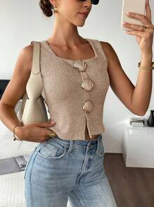 Siren Gaze Women Square Neck Sleeveless Shell Embellished Ribbed Summer Tank Top Casual - Apricot - View 7