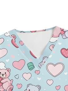 PopScrub 卡通熊心女士短袖护理制服上衣，手术服衬衫