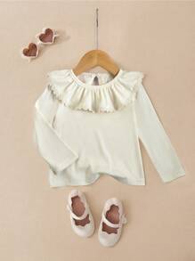Souflis Souflis Baby Girl 0-3Y Casual Versatile Minimalist Sweet White Solid Color Elastic Ribbed Knit Long Sleeve Round Neck Ruffled Hem Tee Shirt, Can Be Worn As Inner Or Outer Layer, All Season - Apricot - View 2
