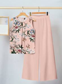 SHEIN Clasi 休闲复古简约花卉图案褶皱无袖宽松上衣和阔腿裤套装，适合夏季，花卉印花 - 彩色 - 查看 1