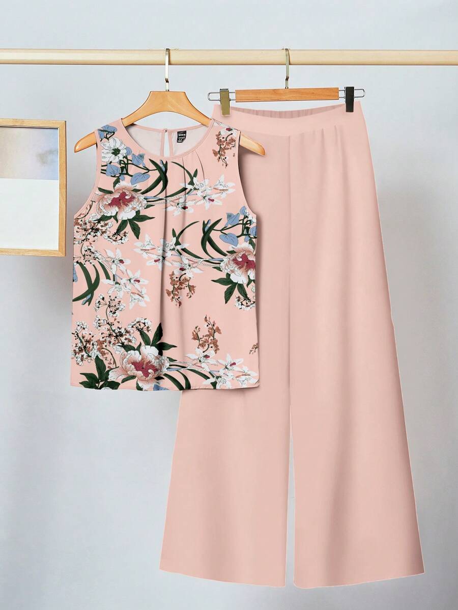 SHEIN Clasi 休闲复古简约花卉图案褶皱无袖宽松上衣和阔腿裤套装，适合夏季，花卉印花 - 彩色 - 查看 1