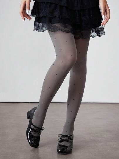 Kawaii 1 Pair Gothic Black Polka Dot & Charcoal Velvet Pantyhose, Halloween