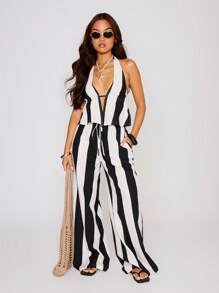 MUSERA Halter Neck Stripe Tie Back Top Cropped Long Sleeve Button Up Stripe Top Spring, Summer Casual, Cute Beach Ibiza Holiday Going Out Tops - Multicolor - View 5