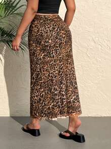 SHEIN EZwear Plus Size Vintage Leopard Print Mesh Long Midi Skirt