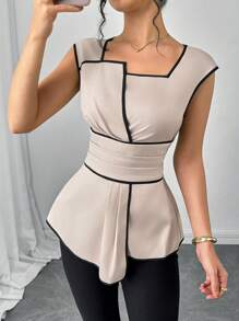 SHEIN Clasi Women's Contrast Color Trim Square Collar Waist Fitted Elegant Blouse, Summer   Business Casual Woman  Work Clothes Women  Office Outfits For Women    Business Casual  Business Women Attire   Professional Women Clothes   Graduation Dress  Woman  Clothes   Teacher Clothes   Airport Summer Honeymoon Woman For Women Boho