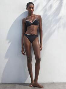 Maija 女士撞色饰边打结比基尼泳装，适合夏季海滩 - 黑色 - 查看 2