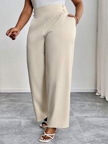 SHEIN PETITE CURVE Plus Size Casual Solid Color Oblique Pocket Pants,Summer Pants - Apricot - View 5