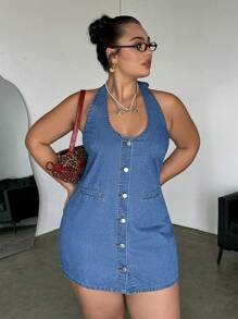 SHEIN EZwear Plus Size Solid Color Front Button Halter Backless Sleeveless Denim Dress - Light Wash - View 4