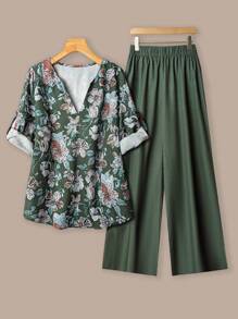 SHEIN LUNE 2件套大码女式节日花卉印花荷叶边袖衬衫和裤子