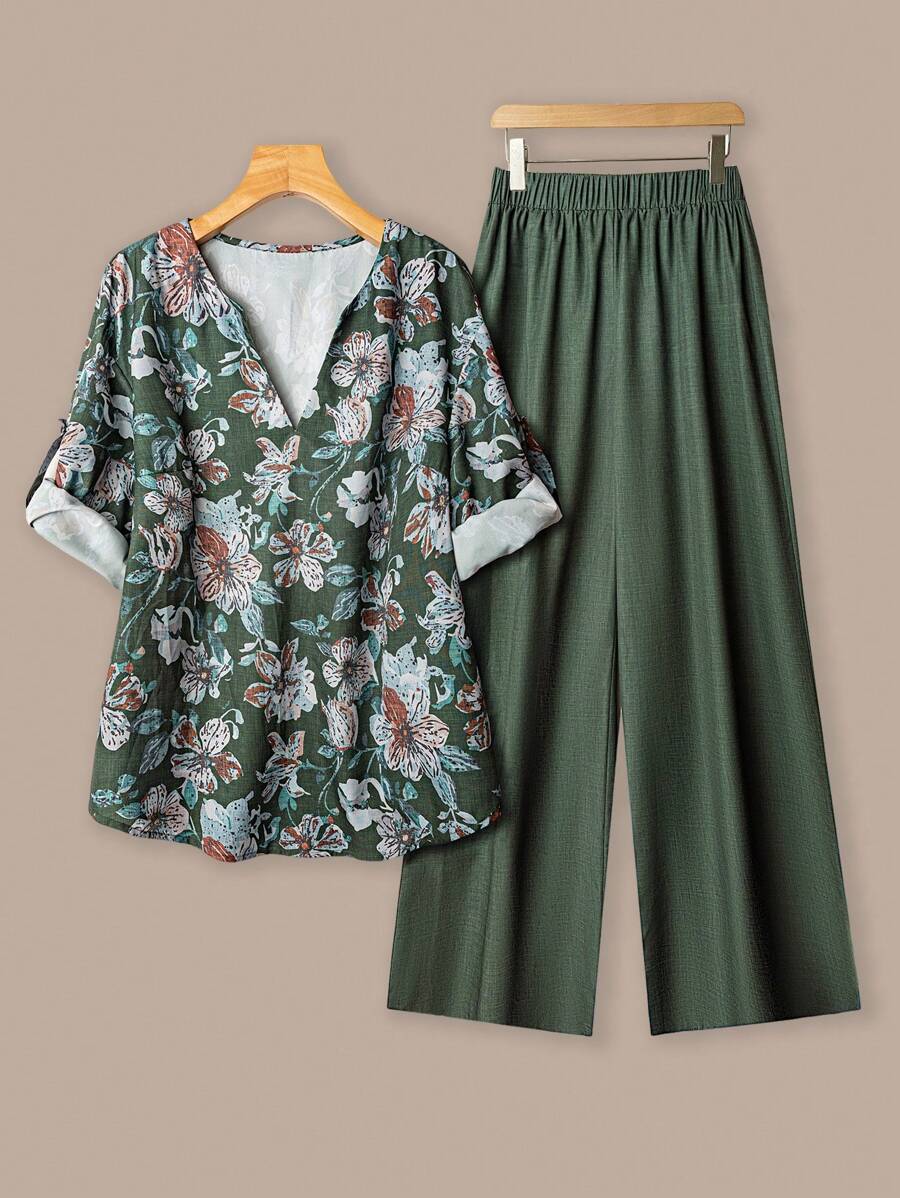 SHEIN LUNE 2件套大码女式节日花卉印花荷叶边袖衬衫和裤子