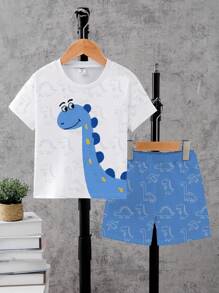 1 pièce Ensemble t-shirt à manches courtes et shorts pour tout-petits avec impression mignonne de grand dinosaure et ligne de dinosaure. Tenue légère de tous les jours adaptée pour le printemps/l'été