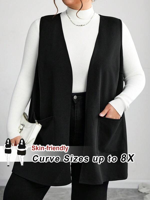 SHEIN CURVE+ Plus Size Women Sleeveless Loose Pockets Casual Jacket, Autumnsummer/Country/Beach Vacation Outfits/Beach Outfits/Beach Wear