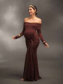 Cheriluna Maternity Vestido maxi de manga larga con hombros descubiertos, Romántico para fotografía, Uso para fiestas de maternidad y bautizo, Verano y Primavera - Marrón - Ver 5