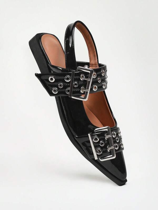 Solezae Oversized gesp, dikke grommet, snip toe, slingback, Pat zwarte flats voor dames - verfijnde punkstijl, hoekig silhouet, betaalbare luxe en veelzijdige zomerschoenen, lenteschoenen, voorjaarsvakantie, Pasen, Moederdag cadeau