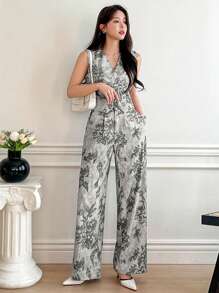 DAZY 女式无袖上衣和阔腿牛仔裤两件套，休闲印花 - 米色 - 查看 3