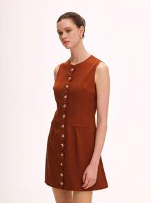 SHEIN Unity Gaun Mini Wanita Elegan Romantis Tanpa Lengan Leher Bulat dengan Kancing Depan, Musim Panas - Coklat - View 3