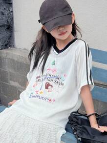 DAZY 青少年女孩夏季标语印花 V 领插肩袖休闲 T 恤，返校服装 - 白色 - 查看 7