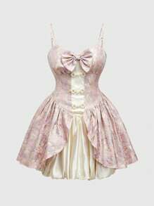 Kawaii Plus Size Women Vintage Palace Romantic Puff Dress, Contrast Color Block Bow Mini Dress - Pink - View 1