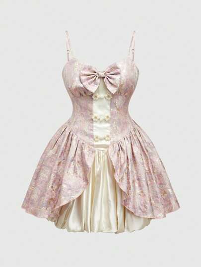 Kawaii Plus Size Women Vintage Palace Romantic Puff Dress, Contrast Color Block Bow Mini Dress