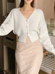DAZY Áo len cardigan thắt eo màu trơn thường ngày cho nữ, thu/đông, dài tay - trắng - Xem 7
