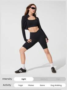 GLOWMODE FeatherFit™ Studio Stamina Swea -Wicking Slim Fit Long Sleeve Thumbholes Cropped Zip Active Jacket Low Impact Yoga Pilates Studio Daily Casual Wear