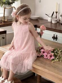 SHEIN Abito elegante da festa senza maniche in pizzo rosa per giovani ragazze - Rosa - Visualizzare 2