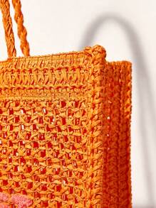 SHEIN VCAY Vacation Casual Letter Pattern Woven Tote Bag, Beach Bag - Orange - View 4