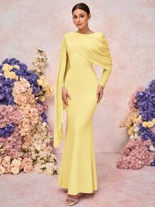 SHEIN Belle Elegante y romántico vestido de dama de honor de punto con cuello redondo, manga larga, pliegues y bajo cola de sirena