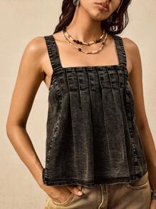 Easelle Vintage Casual Discounted Black Denim Blouse Top For Women - Black - View 3