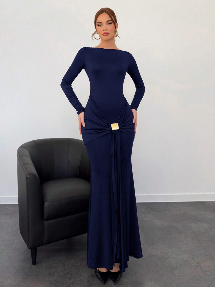 Aloruh Váy dài tay thanh lịch bó sát màu trơn mới dành cho nữ - Màu xanh hải quân - Xem 1