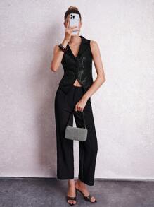 Lavishia Women's Sleeveless Black Suit Collar Fitted Sequin Party Top, Elegant For Autumn/Winter Sequin Top Spring Clothes Party Tank Top Summer Mardi Gras Going Out Tops Women Tank Top