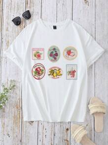 Slaydiva 2025 Spring/Summer Casual Minimalist Vacation Themed Oversize T-Shirt, Fruit Print Round Neck Loose Tee For Women, Suitable For Summer