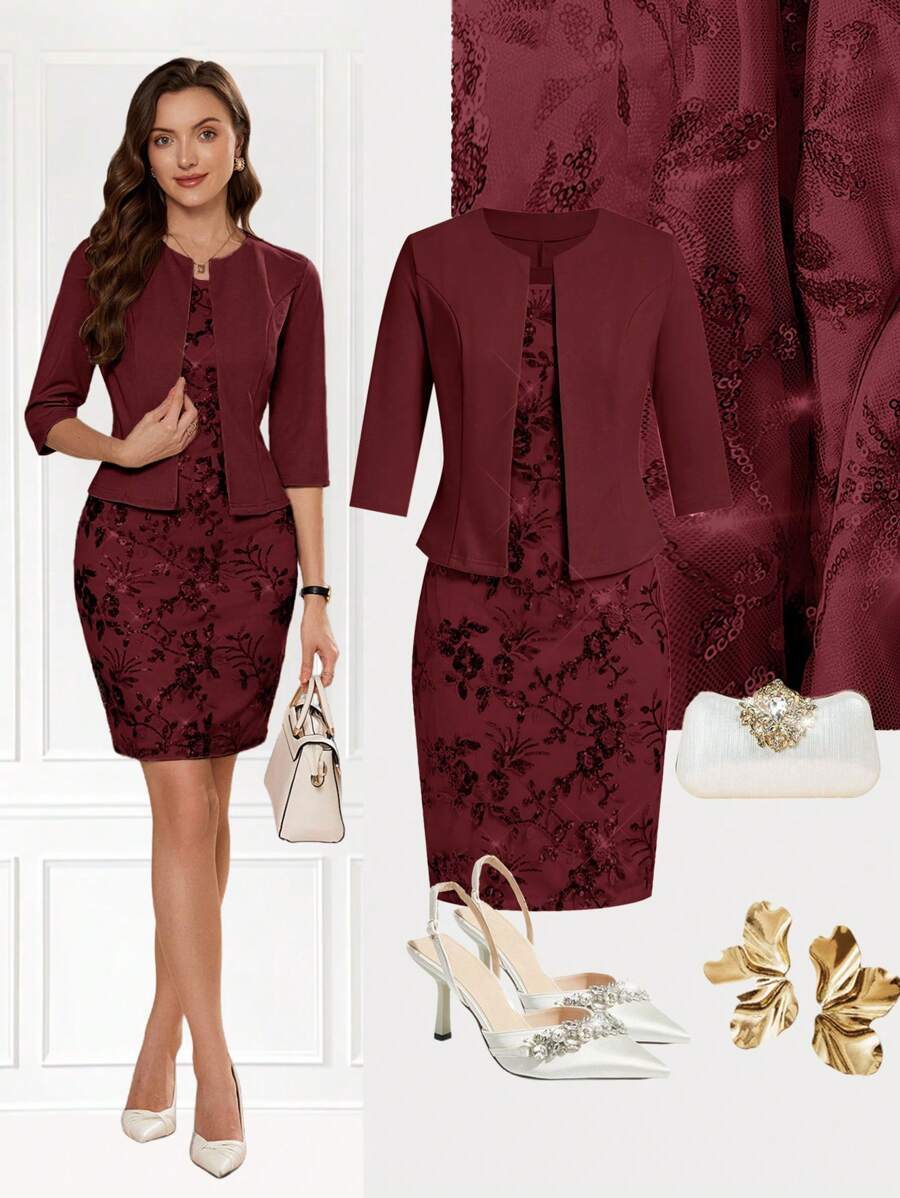 Ellevyn 2pcs/Set Women Sequined Party Dress And Fitted Short Sleeve Jacket Outfit - Burgundy - View 1