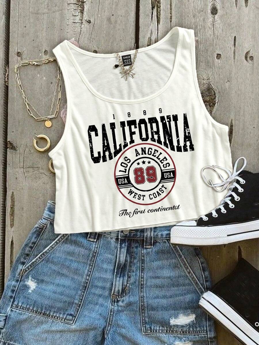 SHEIN EZwear Áo ba lỗ hở vai cổ chữ U rộng rãi cho nữ, họa tiết Los Angeles, phù hợp cho mùa hè - trắng - Xem 1