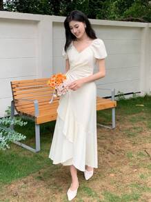 SHEIN LUNE 女士荷叶边下摆纯色修身连衣裙 - 白色 - 查看 3