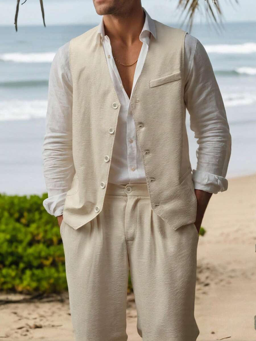 Manfinity Homme Conjunto de traje casual de un solo botón de color liso para hombre (chaleco y pantalones)