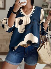 EMERY ROSE Plus Size Women's Casual V-Neck Lantern Sleeve Contrast Color Printed Blouse, Summer Fall - Multicolor - View 1