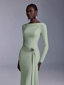 Elitara Elegant Boat Neck Off Shoulder Long Sleeve Bridesmaids Dress With Waist Twist, Sequin& Metal Shell Button Decor, Fishtail Design - Mint Green - View 7