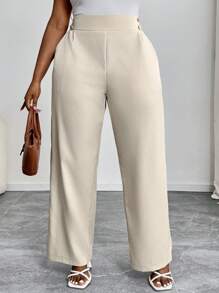 SHEIN PETITE CURVE Plus Size Casual Solid Color Oblique Pocket Pants,Summer Pants - Apricot - View 4